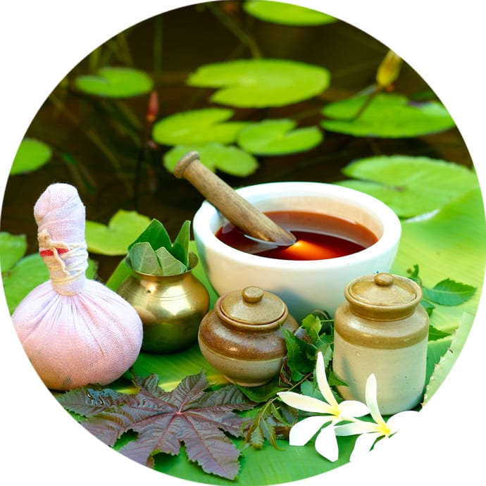 Traditional Ayurvedic preparation — herbal oils, powders and botanicals used in Pura Vida formulations
